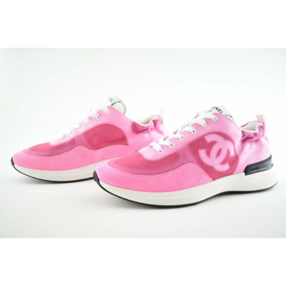 Chanel 21S Neon Pink Denim Suede CC Logo Lace Up Low Top Trainer Sneaker 39.5 - Picture 9 of 12